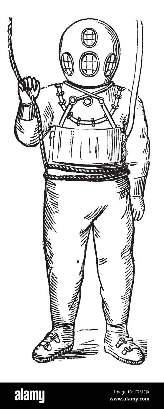 Subacqueo in superficie-fornito di attrezzature subacquee, vintage illustrazioni incise. Trousset enciclopedia (1886 - 1891). Foto Stock