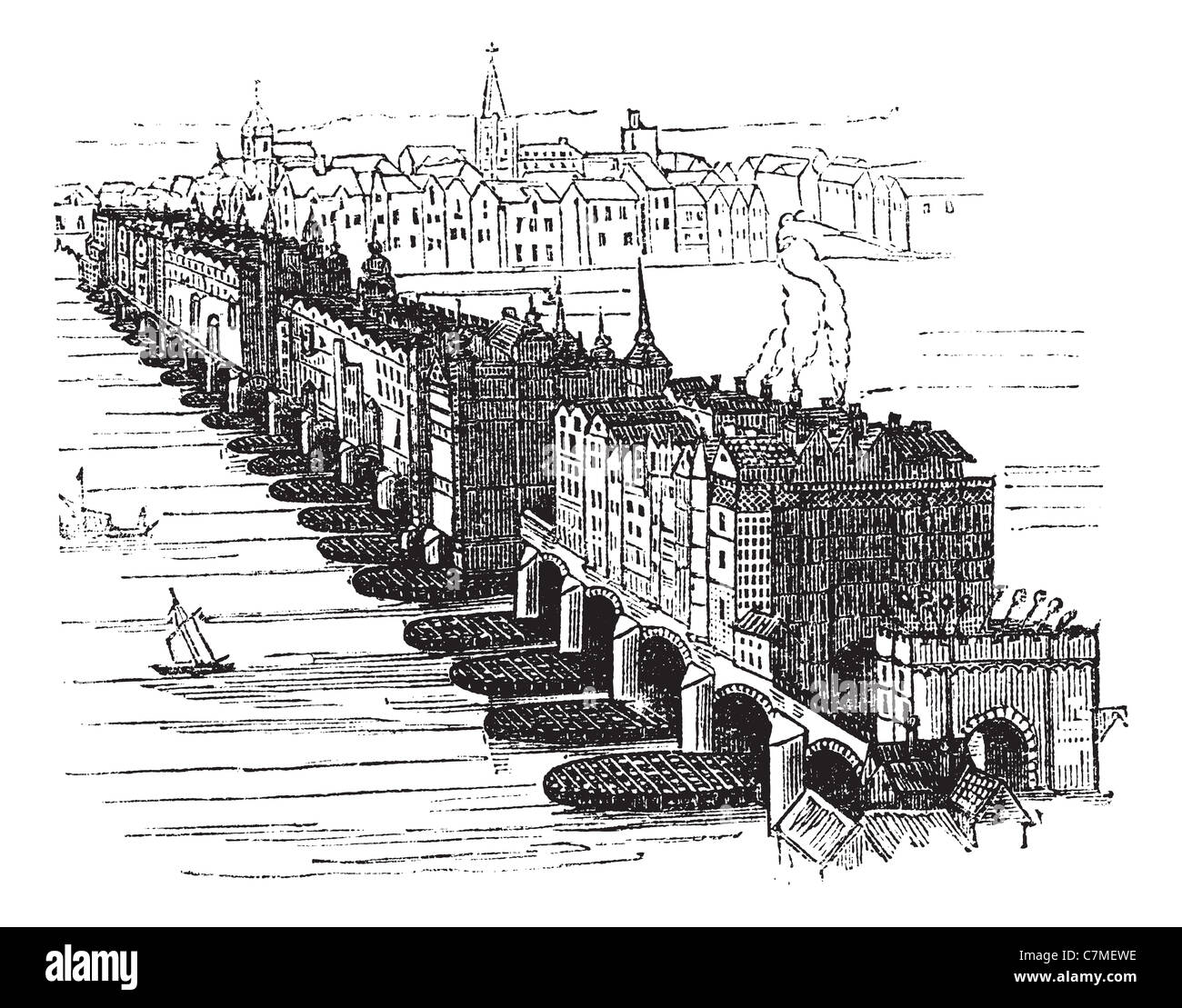 Antico borgo medievale Ponte di Londra, in Inghilterra, Regno Unito, nel 1616, vintage illustrazioni incise. Trousset enciclopedia (1886 - 1891). Foto Stock