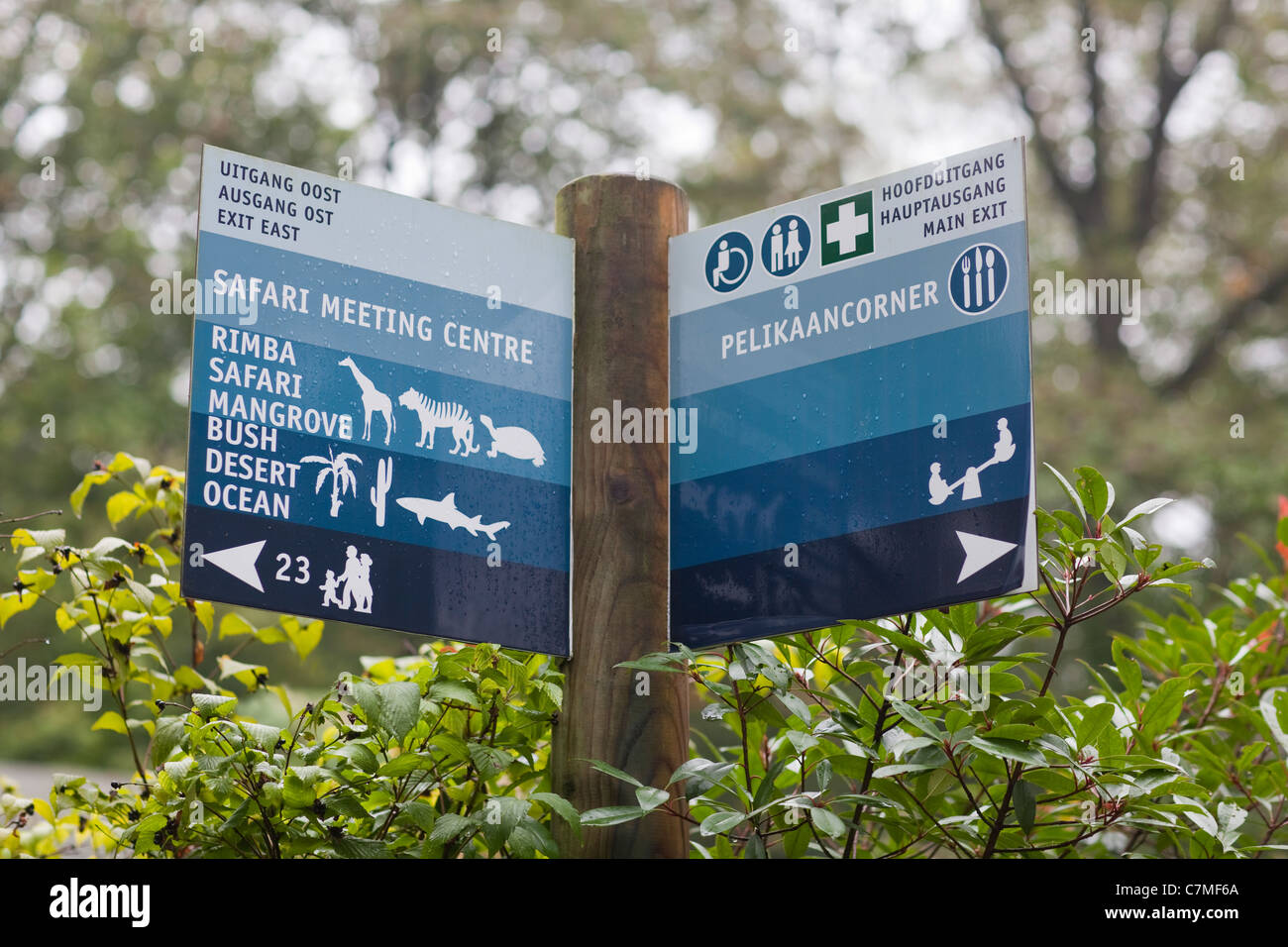 Segno direzionale entro gli hamburger Zoo, i Paesi Bassi, l'Europa. Foto Stock