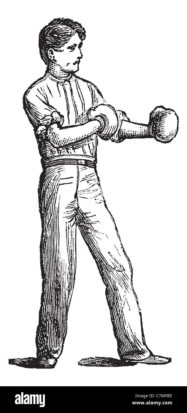 Posizione del boxer, vintage incisione. Vecchie illustrazioni incise della posizione del boxer. Foto Stock