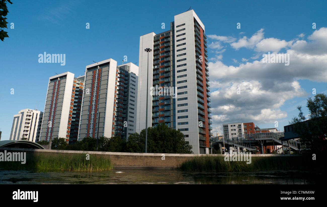 Nuovo alto luogo alloggiamento edifici appartamento blocchi a Torre (Tower) a Virginia Quay appartamenti contro skyline nelle vicinanze DLR Docklands Light Railway line station in 'East India Docks" Londra UK KATHY DEWITT Foto Stock
