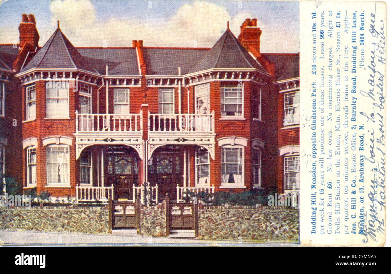 Postcard advertising house in vendita a Dudding Hill, Neasden, Londra, con dettagli accanto a circa 1910 Foto Stock