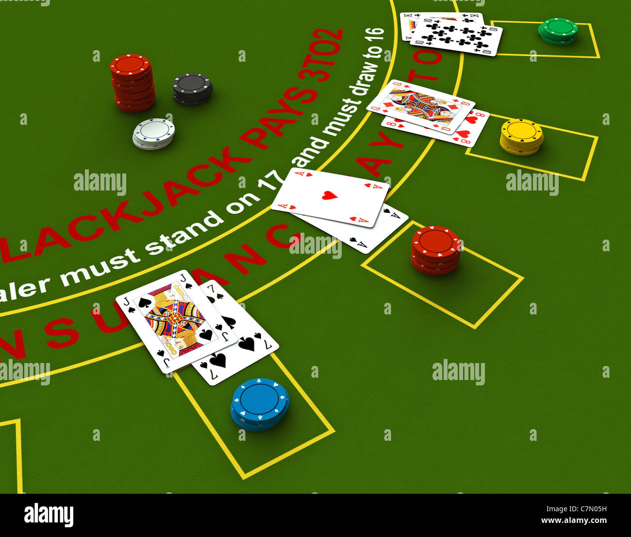 3D render di blackjack tabella scena Foto Stock