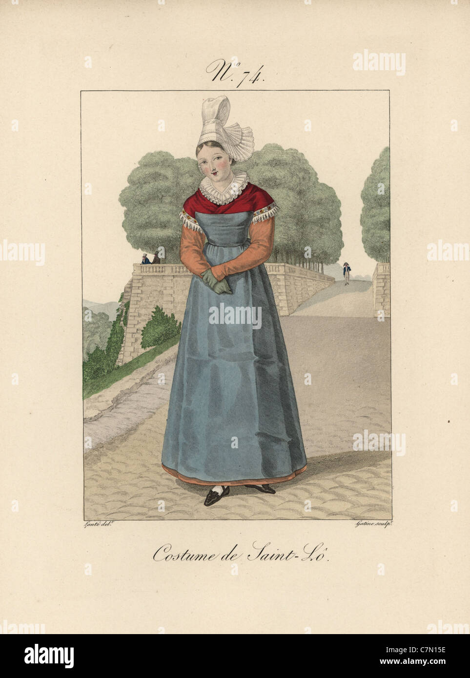 Costume di Saint-Lo. Il cappello è chiamato un 'cofano rond.". Foto Stock