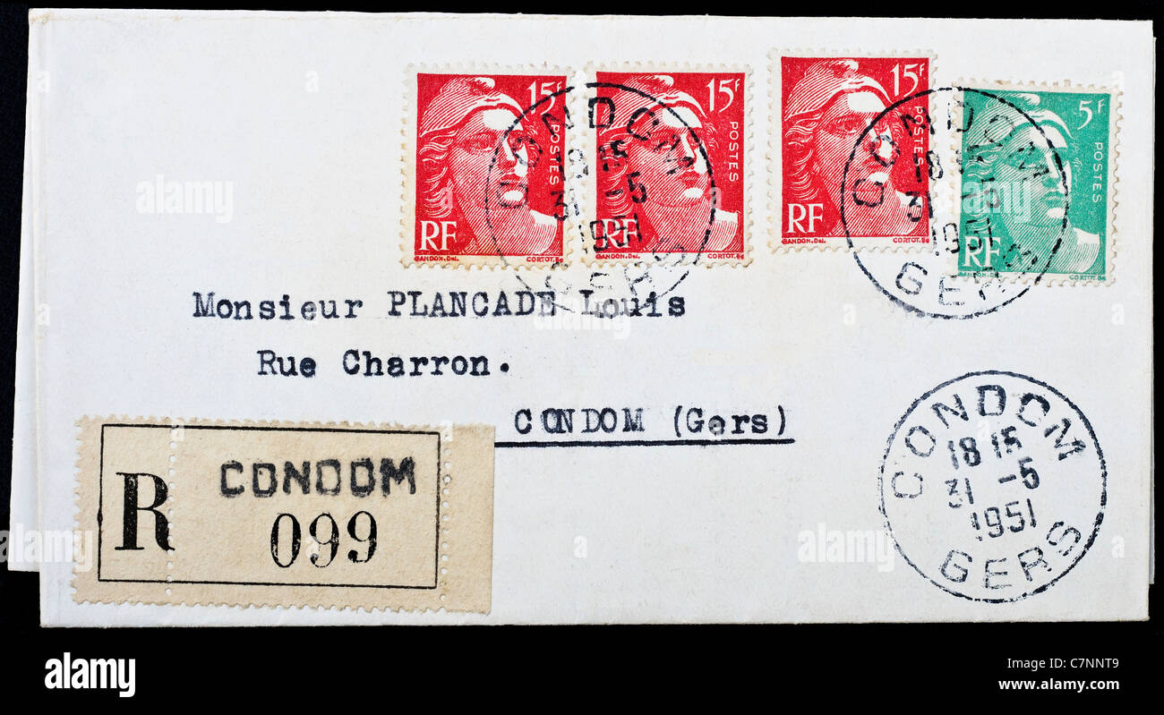 1951 francese lettera raccomandata con timbro postale preservativo, Gers, Francia. Foto Stock
