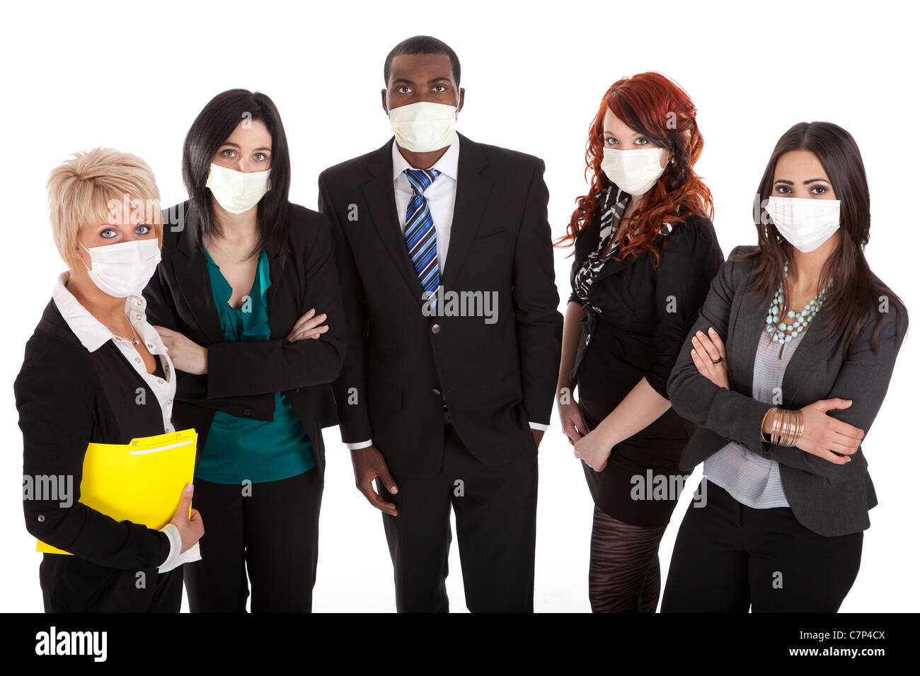 Il team di Business con maschere di influenza Foto Stock
