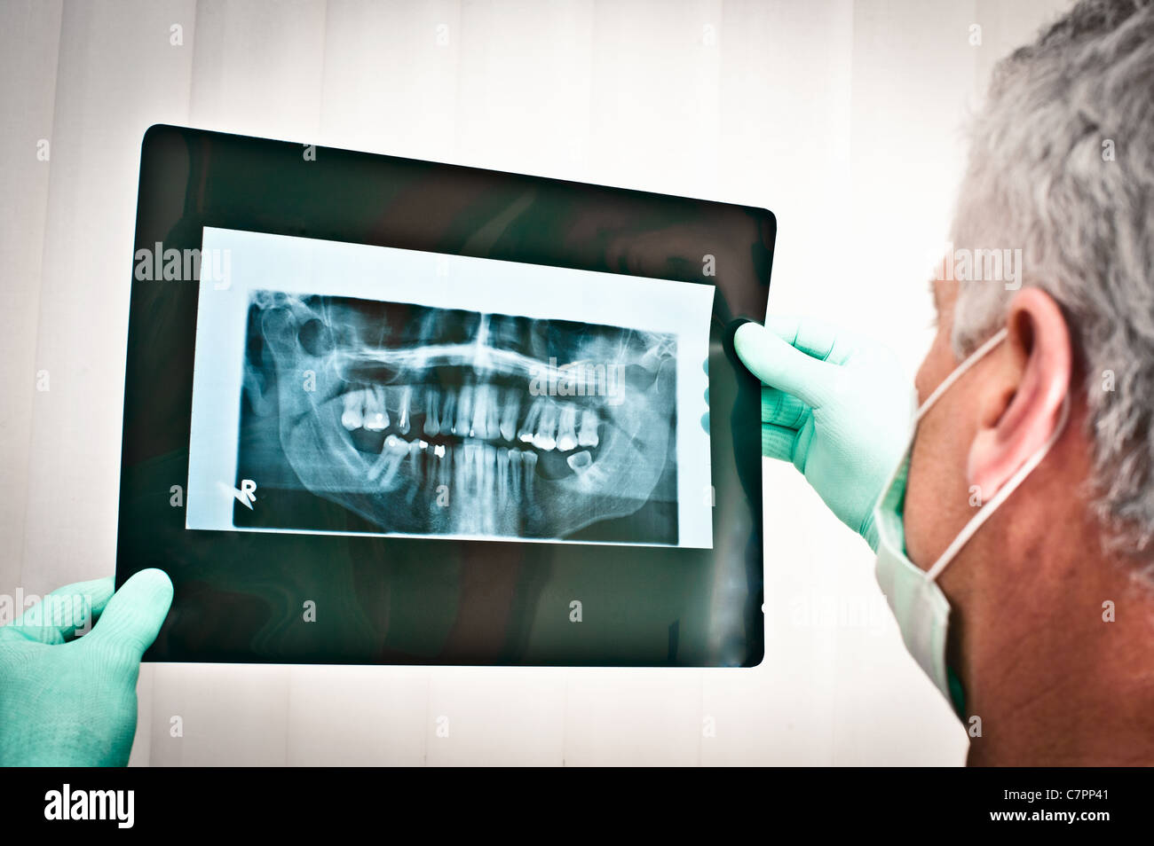 Dentista esaminando le radiografie dentali Foto Stock