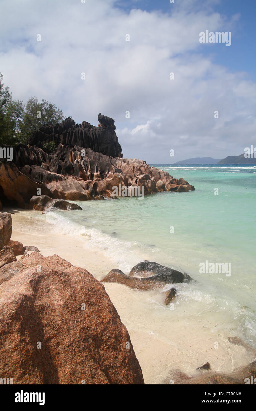 Vista della spiaggia di Isola Curieuse, Seychelles. Foto Stock