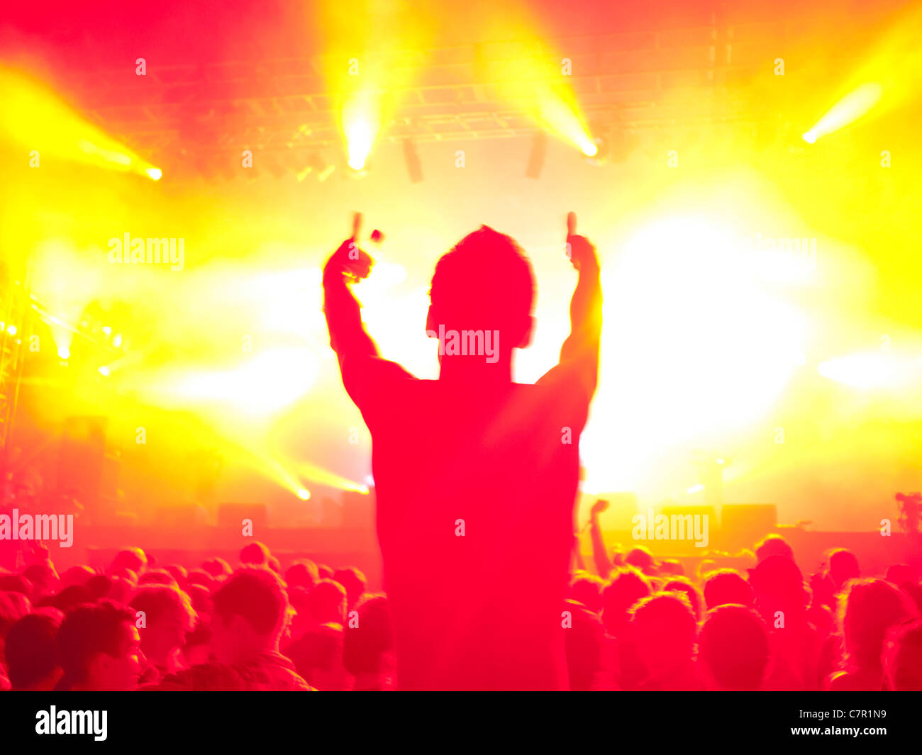 Un ventilatore di musica su someones spalle ad un festival di musica Foto Stock