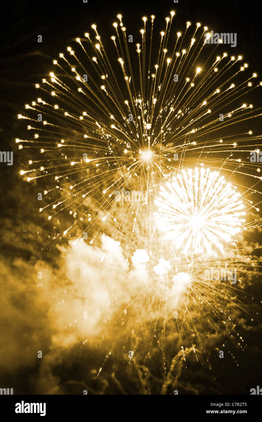 Bellissimi fuochi d'artificio di esplodere in un cielo notturno. Foto Stock