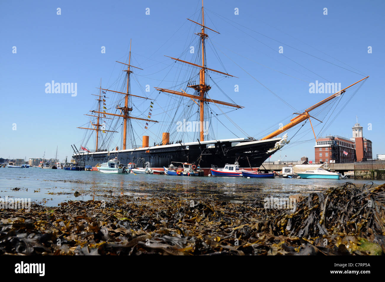 Grande Britains prima di ferro rivestito nave da guerra HMS Warrior a Portsmouth Historic Dockyard, Hampshire, Regno Unito Foto Stock