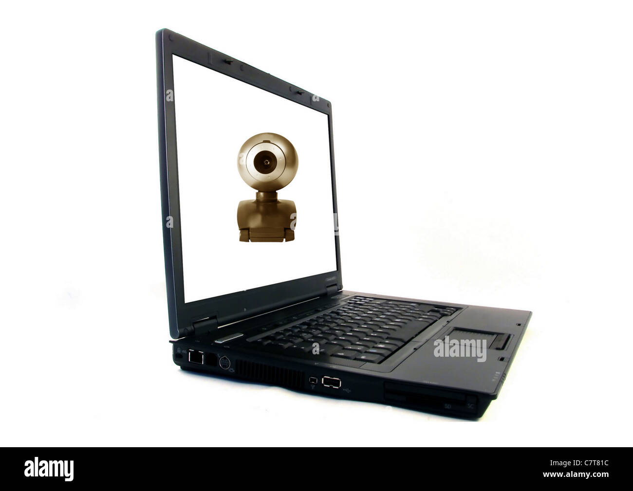 Computer portatile con un web -fotocamera sfondo sullo schermo.oggetti su bianco. Foto Stock