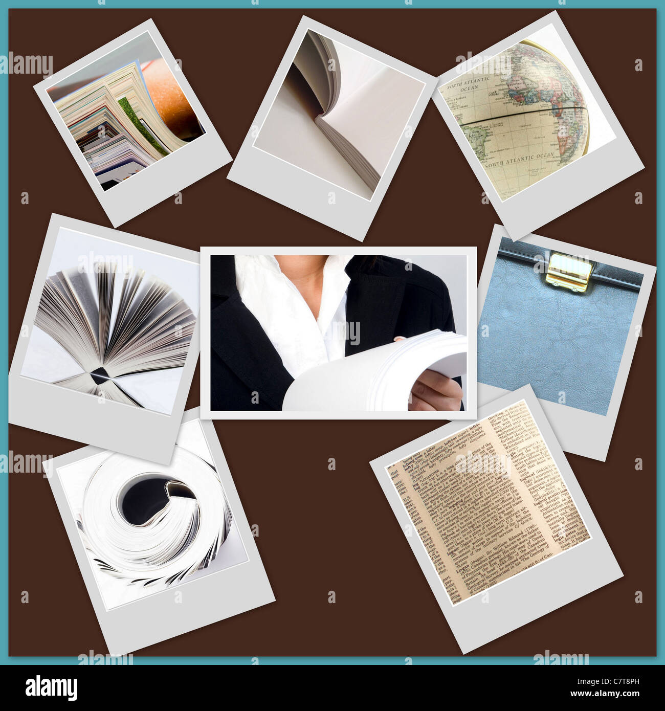 Libreria collage a tema o la raccolta di foto sulla formazione e sulla libreria. Foto Stock