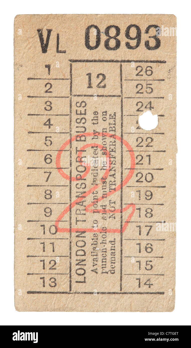 La vecchia Londra Trasporto Bus Ticket Foto Stock