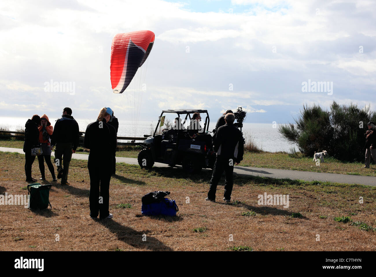 Troupe in jeep le riprese di scena per il film tv in Canada chiamato nuova ragazza Foto Stock