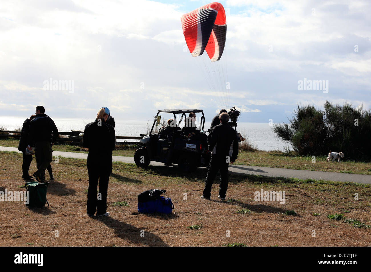 Troupe in jeep le riprese di scena per il film tv in Canada chiamato nuova ragazza Foto Stock