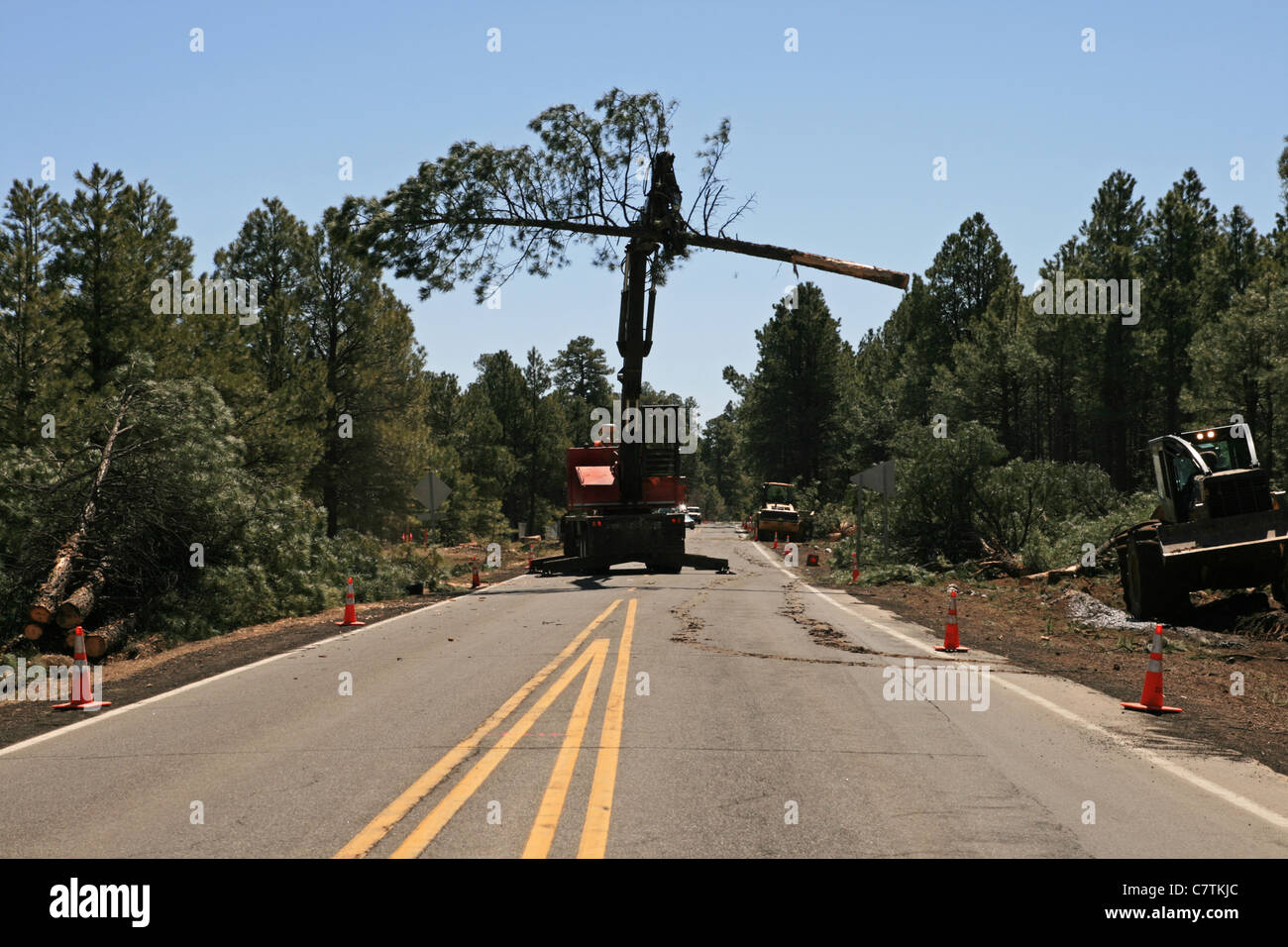 Un caricatore Knuckleboom si muove un albero attraverso una strada durante la costruzione di compensazione Foto Stock