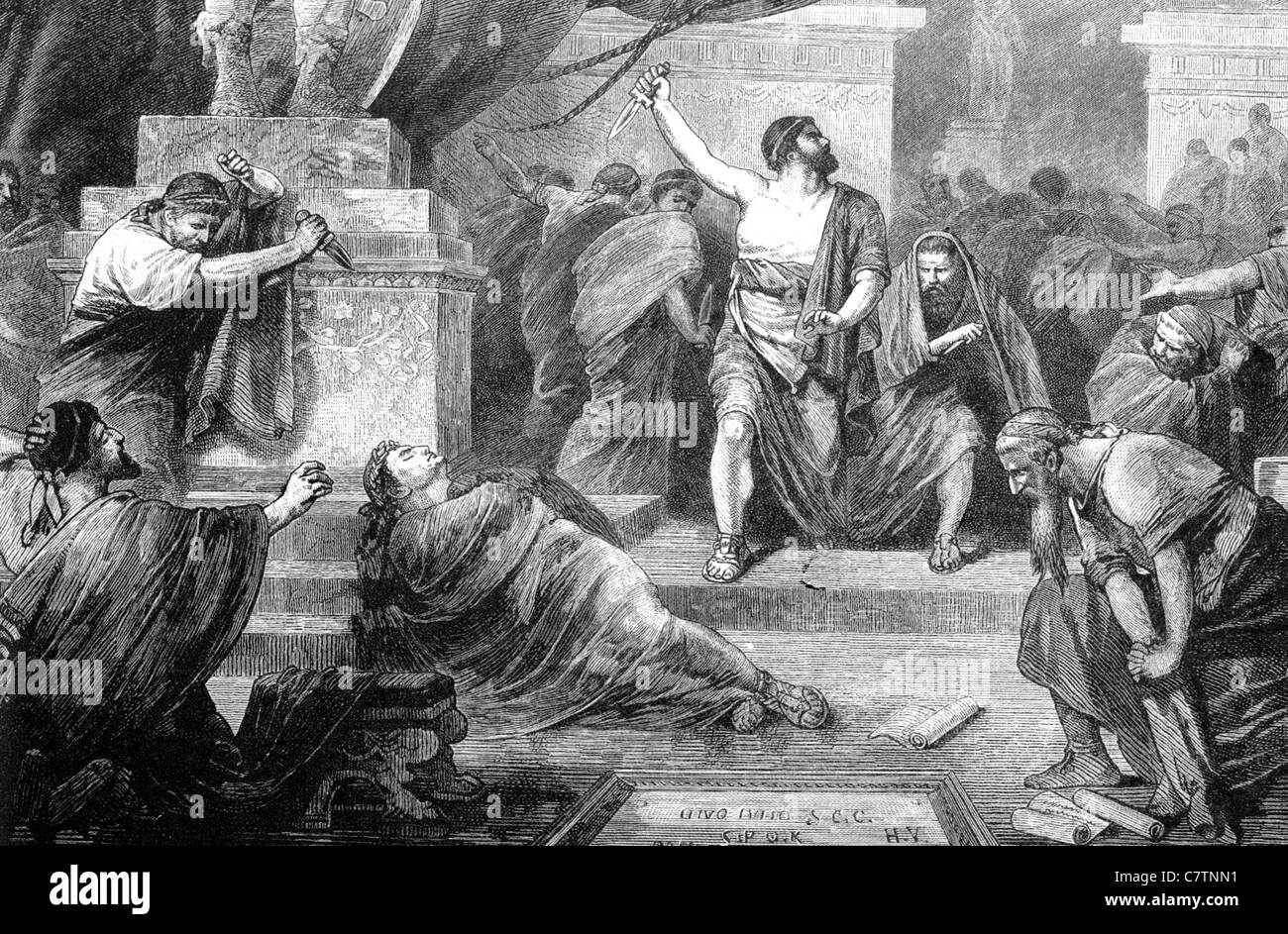 L'assassinio di Giulio Cesare 44BC in un palazzo del XIX secolo l'incisione Foto Stock