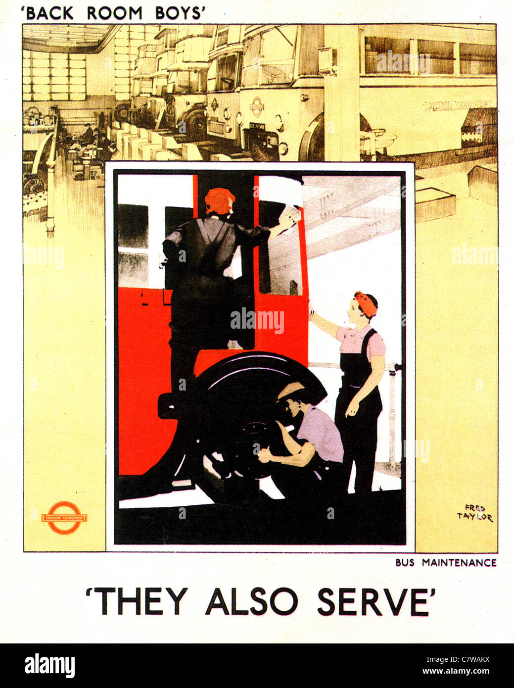 Essi servono anche: BUS BRITANNICI DI MANUTENZIONE 1942 poster concepito da Fred Taylor (1875-1963) che fa parte di una serie di trasporti di Londra Foto Stock