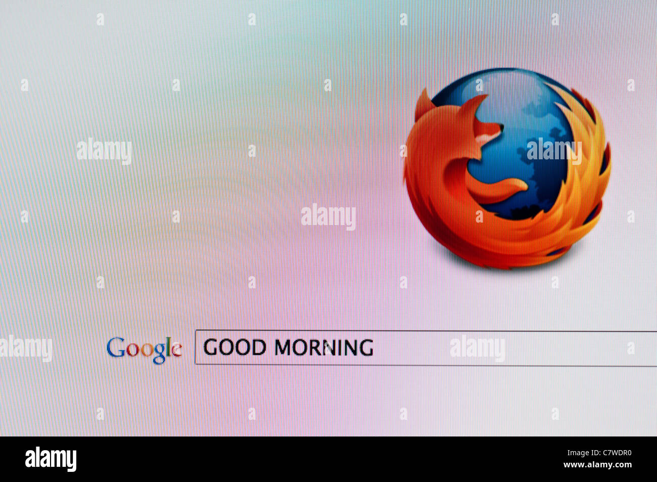 Schermo di computer con Google ricerca sul browser Firefox per 'Good morning' Foto Stock