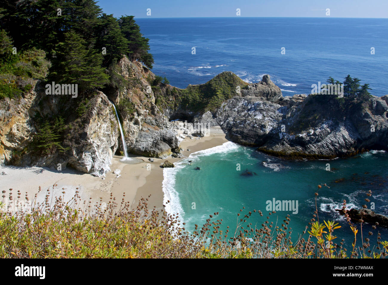 McWay cade in California's Big Sur è un 80 piedi tidefall che scorre per tutto l'anno. Foto Stock