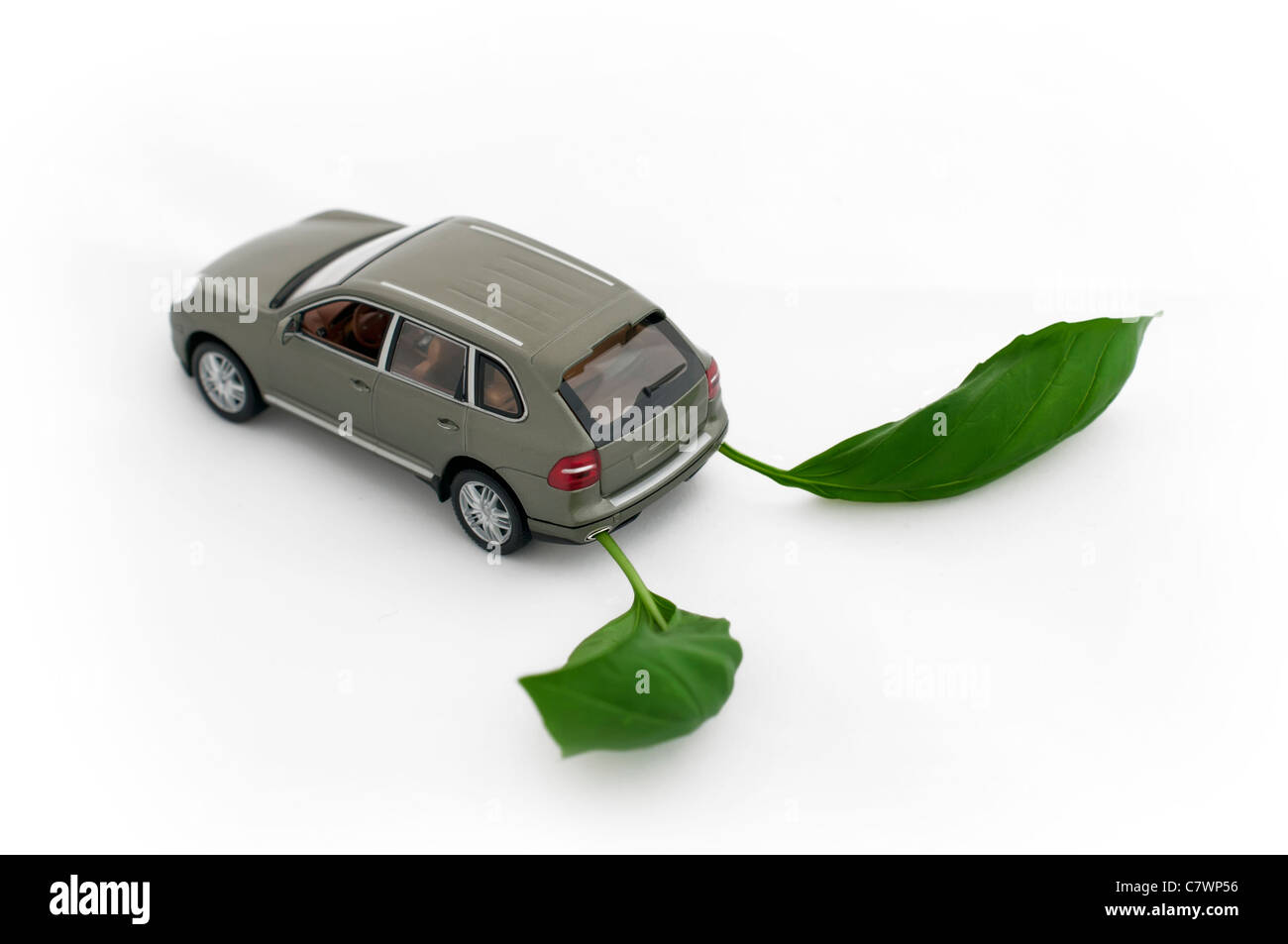 Foglie verdi e un'auto. Ecologia concezione. White isolato Foto Stock