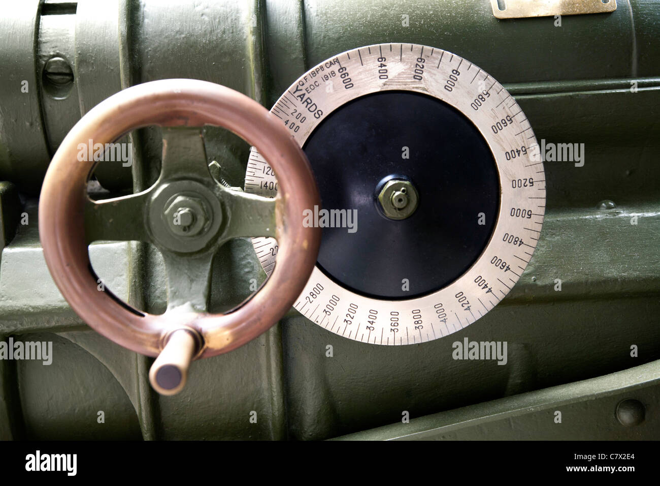 Telemetro controllo elevazione su un campo britannico pistola pezzo di artiglieria nell'Imperial War Museum di Londra. Foto Stock