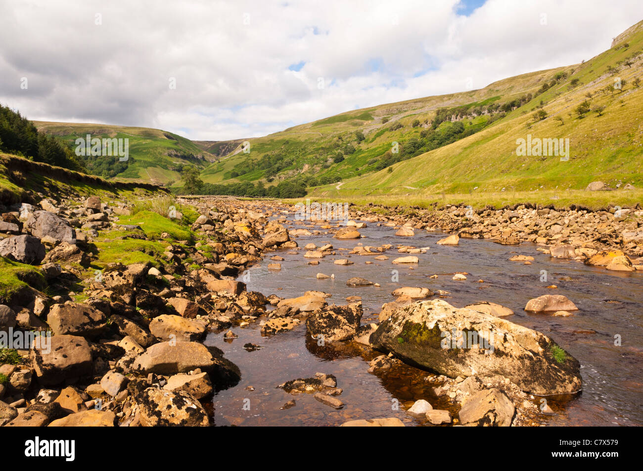 Il fiume Swale a Muker in Swaledale nel North Yorkshire , Inghilterra , Inghilterra , Regno Unito Foto Stock