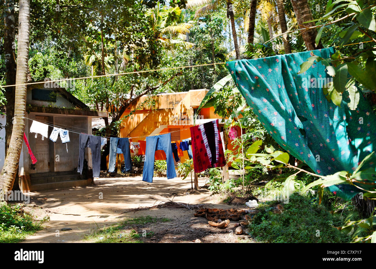 Vista del paesaggio in una radura in Kerala piena di giorno di lavaggio di colori su una macchina lavabiancheria linea, alberi e arbusti vestiti appesi ad asciugare Foto Stock