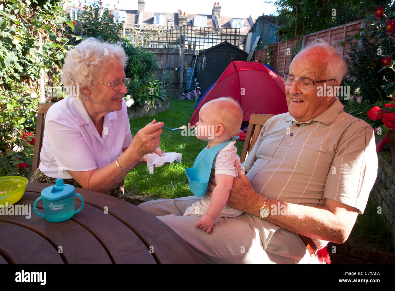 Nonni assumendo un ruolo attivo nella loro nipote di educazione, England, Regno Unito Foto Stock