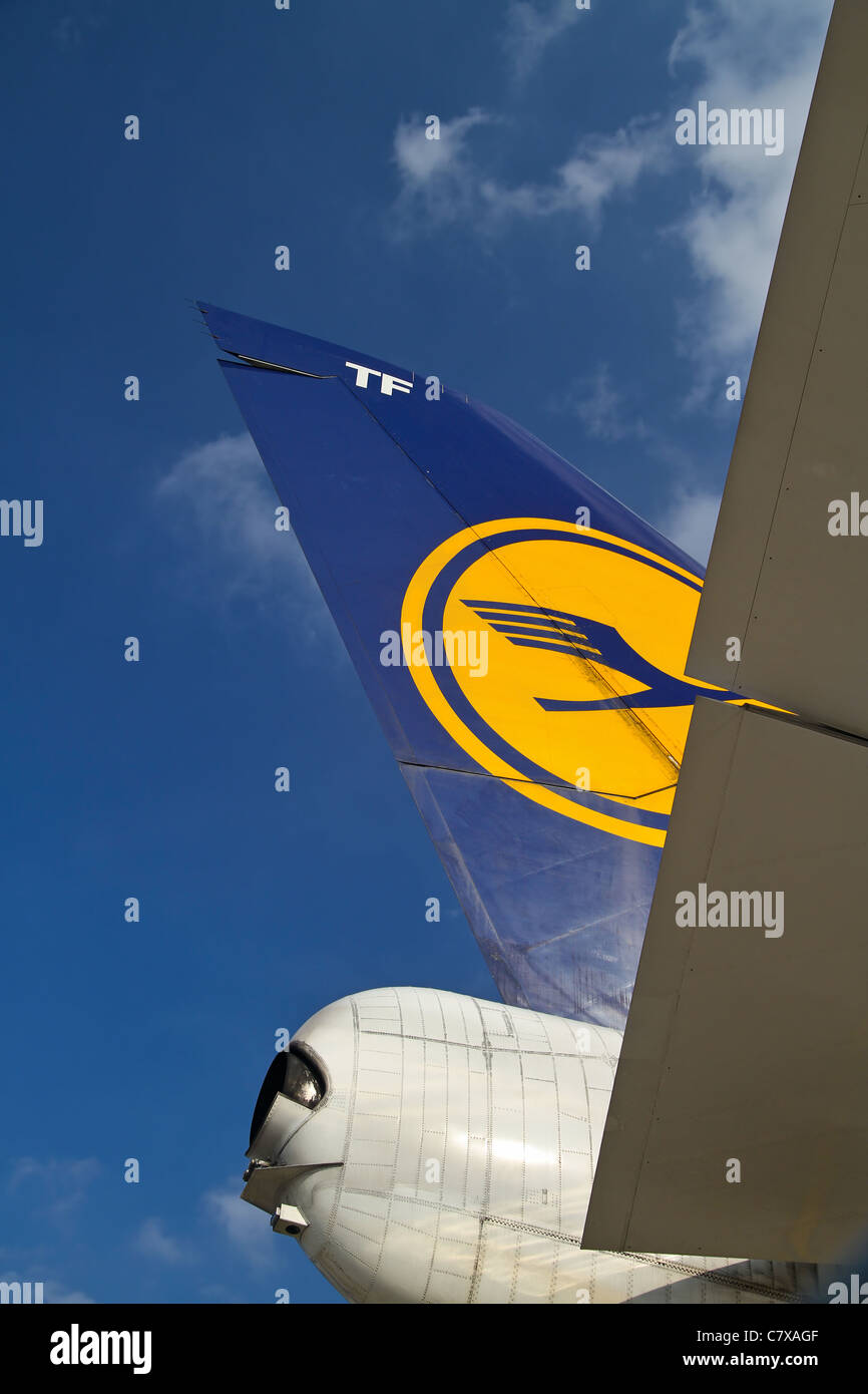 Logo Lufthansa sulla pinna di coda di un aereo. Foto Stock