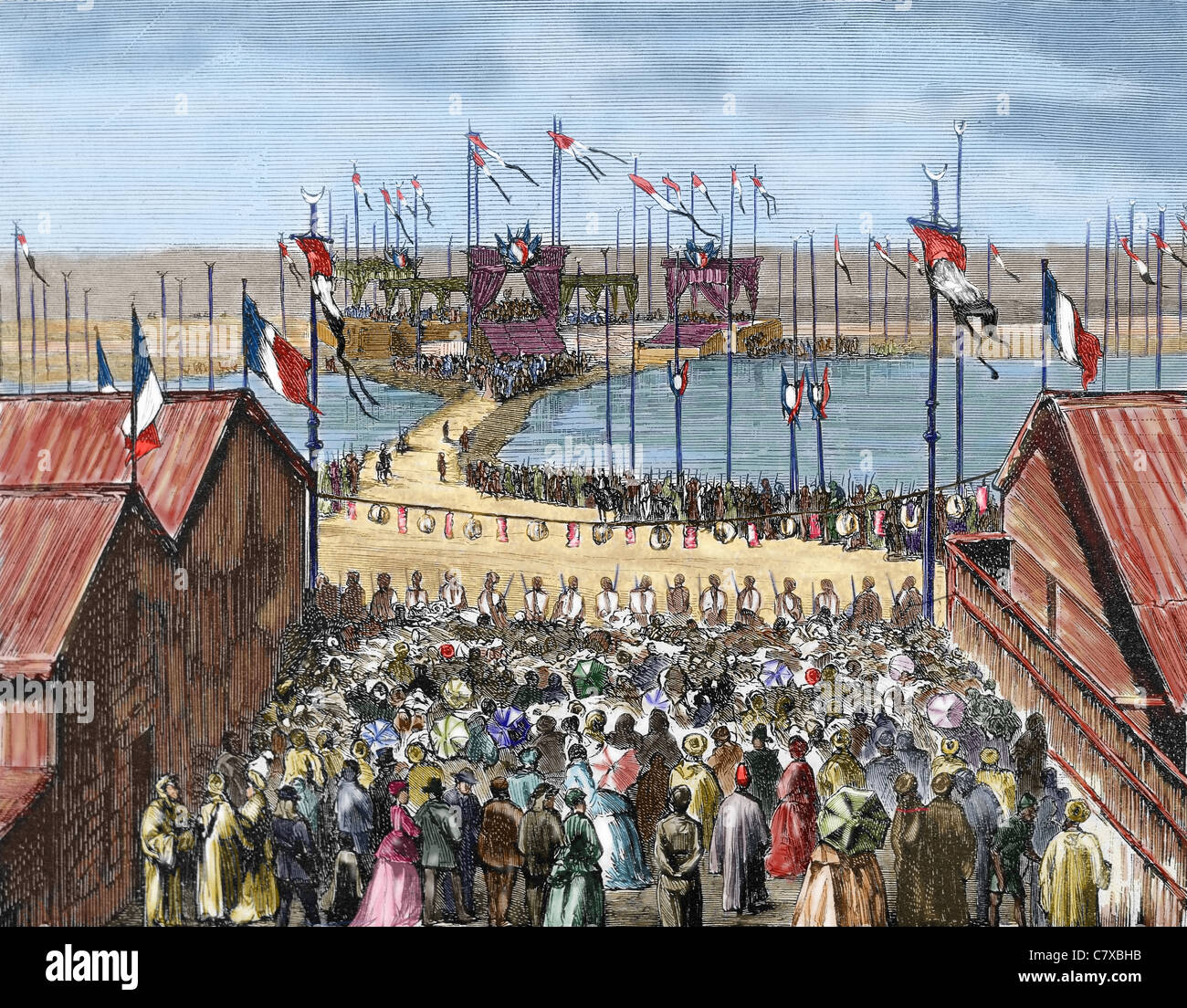 L'Egitto. Istmo di Suez. La benedizione del Canale di Suez a Port Said. Incisione colorata dal 1870. Foto Stock