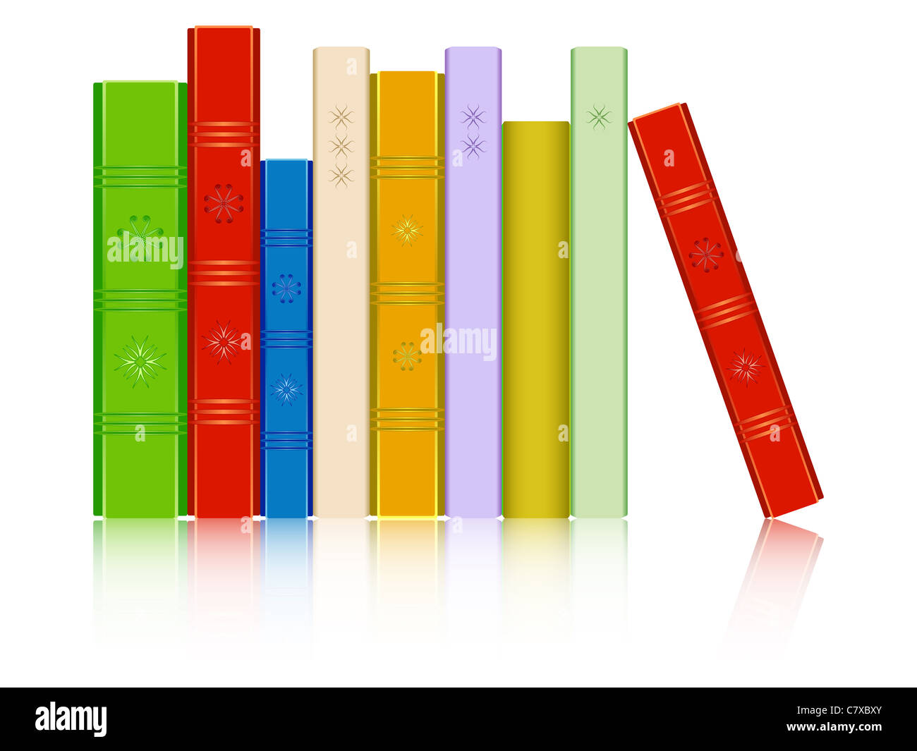 I libri in una fila riflesso contro uno sfondo bianco; abstract vector art illustrazione; immagine contiene una maschera di opacità Foto Stock