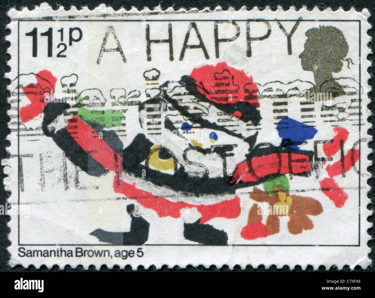 Regno Unito -1981: un timbro stampato in Inghilterra, mostra il Natale, bambini disegni: Babbo Natale con i doni da Samantha Brown Foto Stock