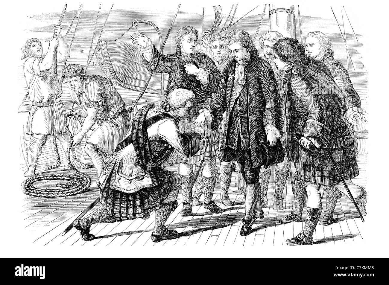 Giovani Moidart clan scozzesi il giuramento di fedeltà al principe Stuart Kilt tradizionale abito periodo ponte di nave Foto Stock