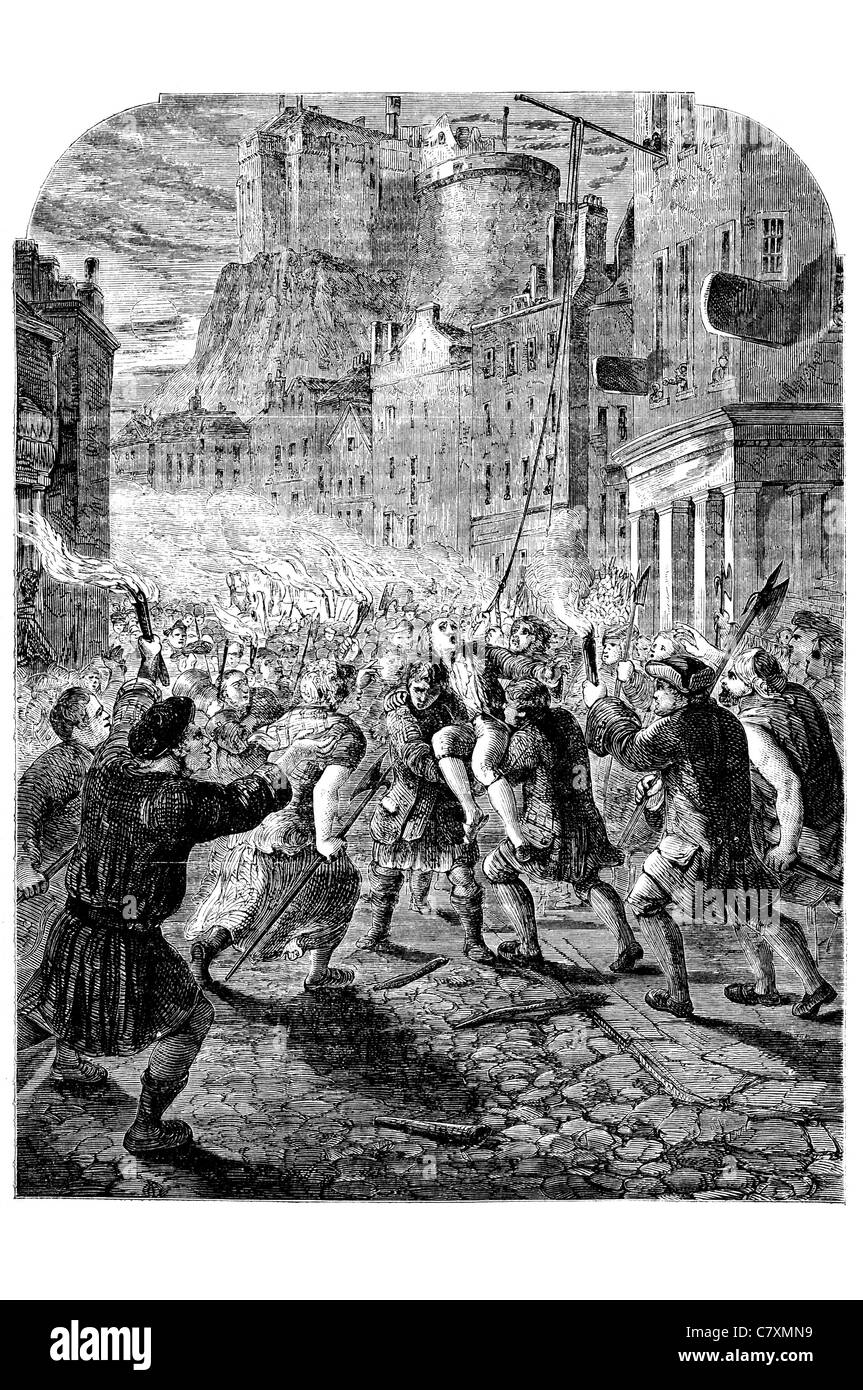 Il capitano John Porteous esecuzione violenta mob convict impiccato riot rivoltosi rioter Scottish soldato di guardia della città Edinburgh 1695 1736 Foto Stock
