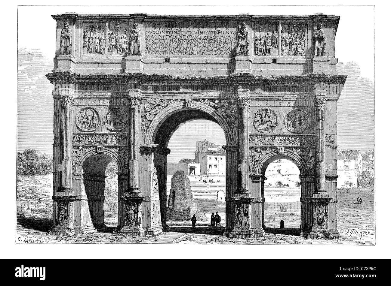 Arco di Costantino a Roma Trionfale commemorare Costantino I vittoria battaglia Milvian Bridge muratura rivestita di marmo Foto Stock