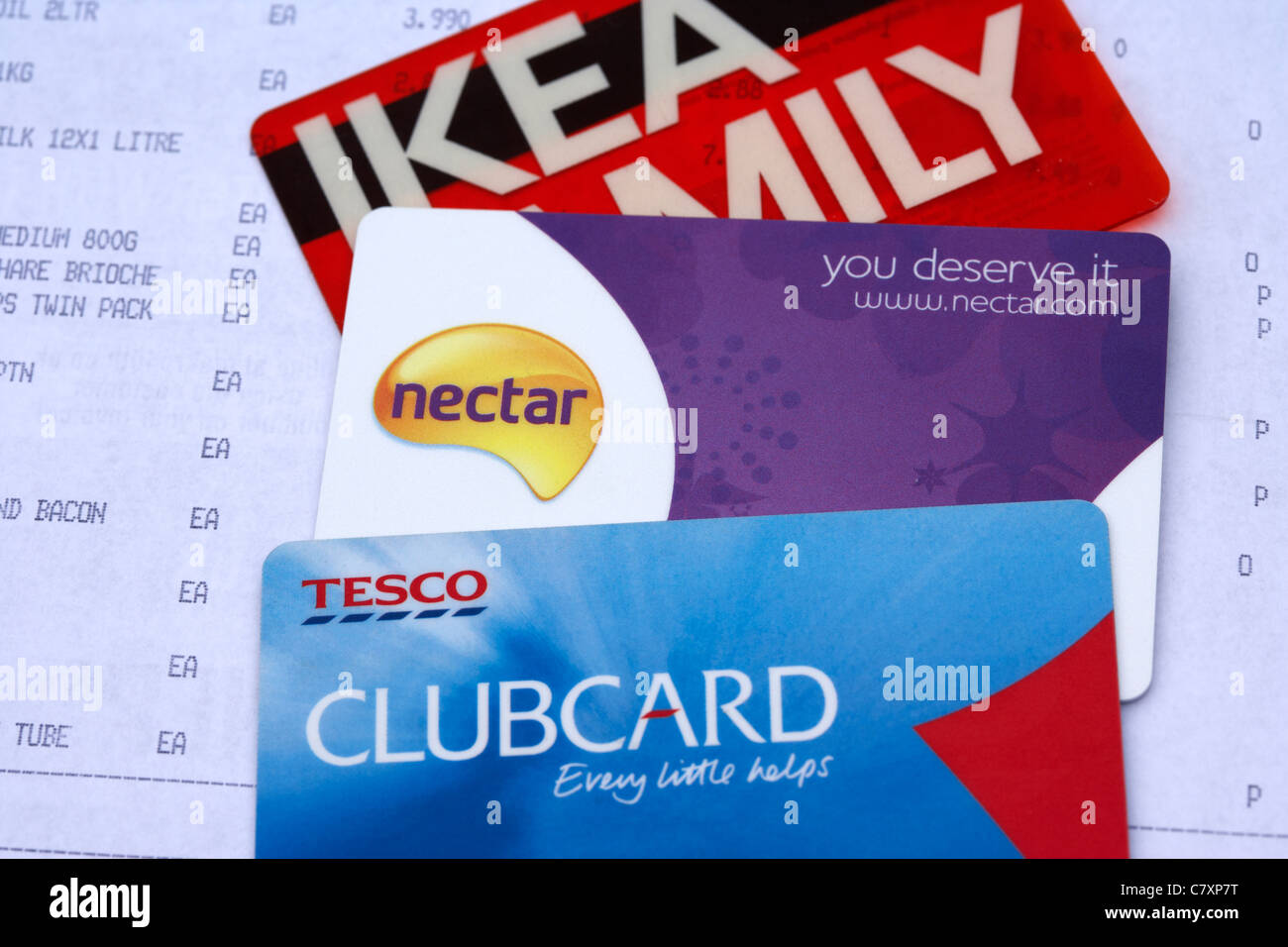 I negozi del Regno Unito carte fedeltà compreso il nettare tesco clubcard e IKEA FAMILY card al ricevimento Foto Stock