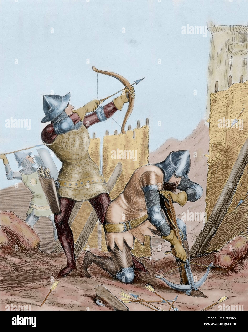 Assedio di Gibilterra. Arcieri. 1350. Incisione colorata, 1852. Foto Stock