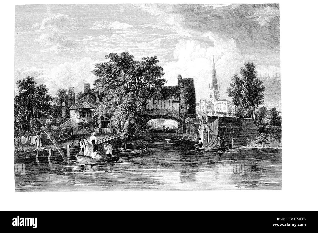 Il villaggio di traghetto scena fabbrica del mulino sul fiume miller canal chiatta barca lunga cottage paese di campagna idilliaca Chiesa guglia vela ormeggio banca Foto Stock