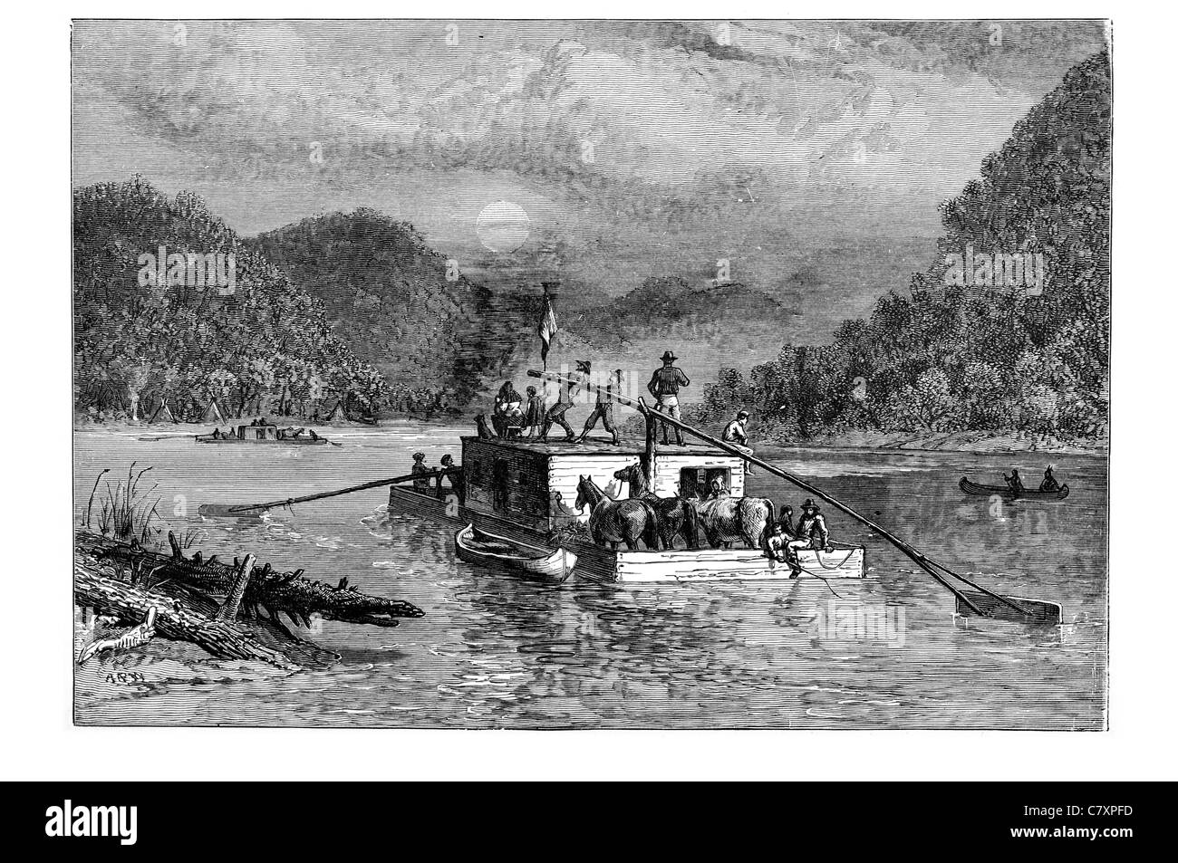 Il fiume Susquehanna flatboat barca col fondo di trasporto passeggeri trasporto merci per via navigabile zattera dello scafo di una nave modo broadhorn legname Foto Stock