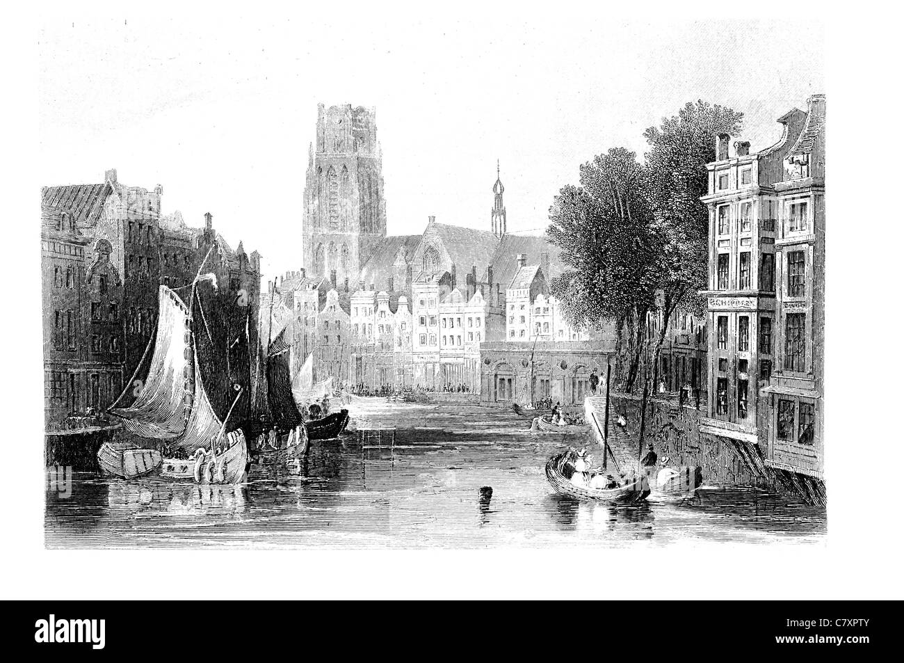 Rotterdam via medievale scena di liquame poveri contadini città patrimonio della torre guglia in legno commercio fluviale barca nave merchant canal Foto Stock