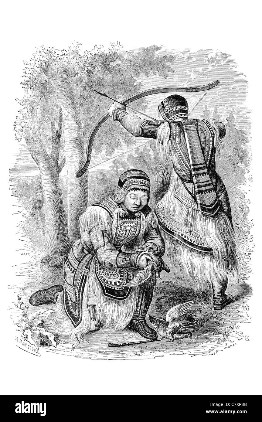 Evenks Ewenti Eventi Tungus Tunguz Tungusic Asia settentrionale della Russia indigeni renne morbida pelle di alce leggings mocassini Foto Stock