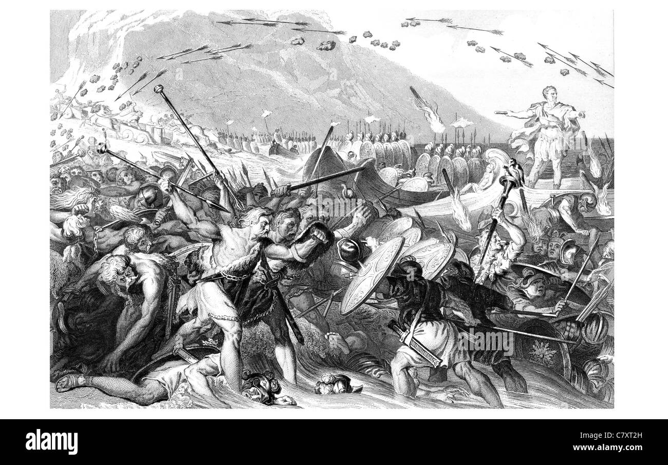 L'atterraggio Gaio Giulio Cesare il generale romano più Republic Army Empire invasione Gran Bretagna conflitto guerra battaglia combattere warfare Foto Stock