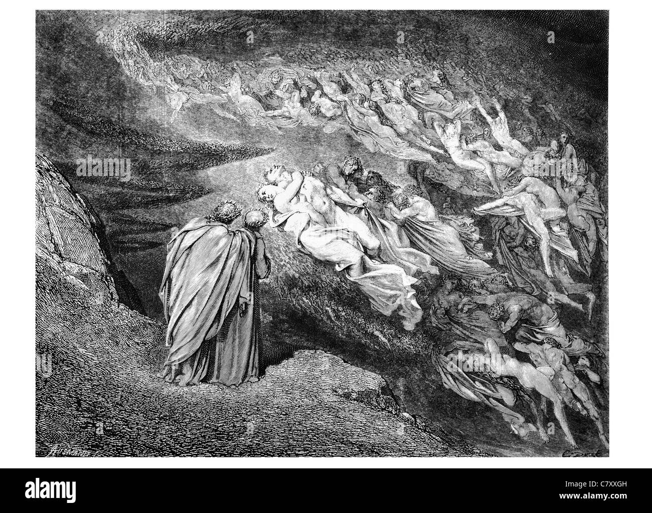 Amore ci ha portato alla morte Caina attende l anima che dividono la nostra vita la visione dell'Inferno di Dante Alighieri Gustave Doré divina commedia Foto Stock