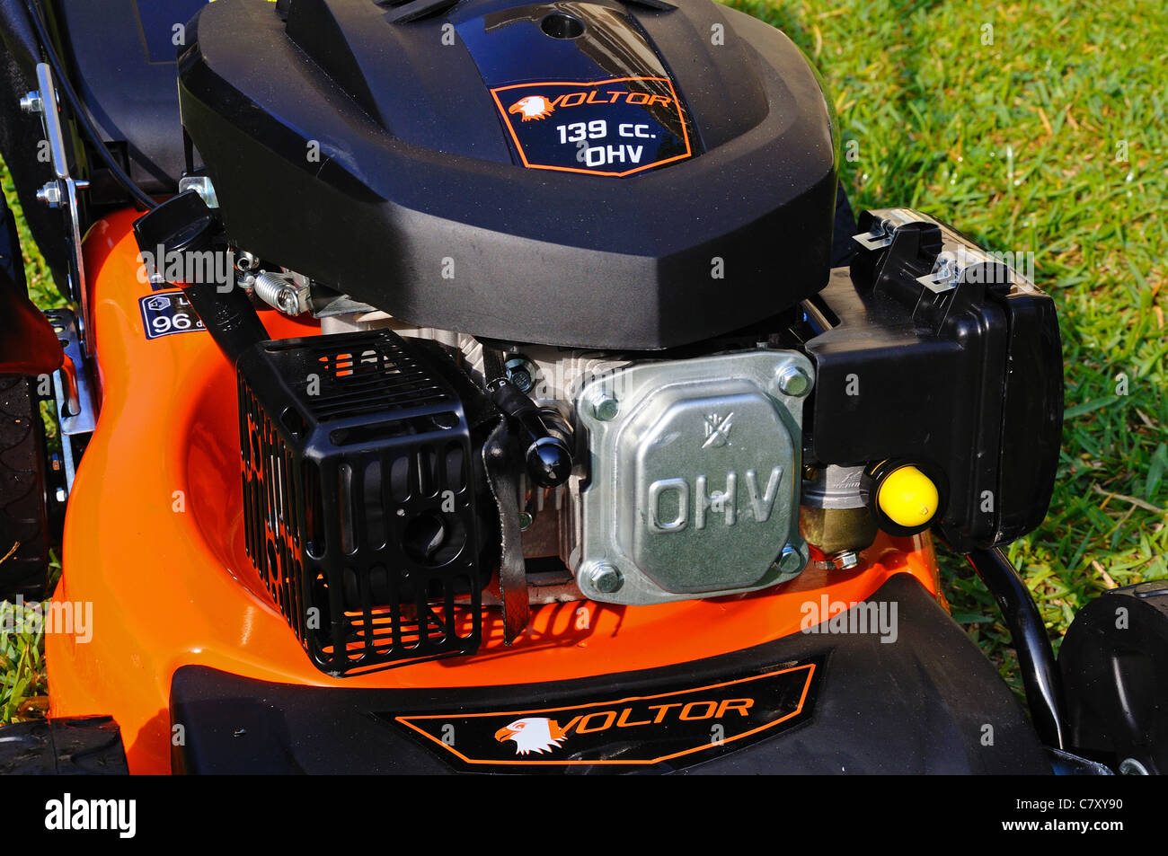 Voltor 139cc con valvola in testa 4 tempi a benzina tosaerba, Calahonda, Mijas Costa, Costa del Sol, Andalusia, Spagna, Europa occidentale. Foto Stock