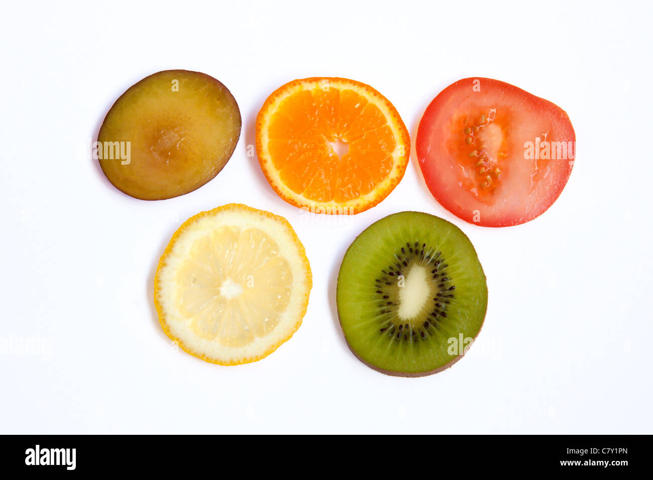 Simbolo olimpico realizzata in 5 pezzi di frutta Foto Stock