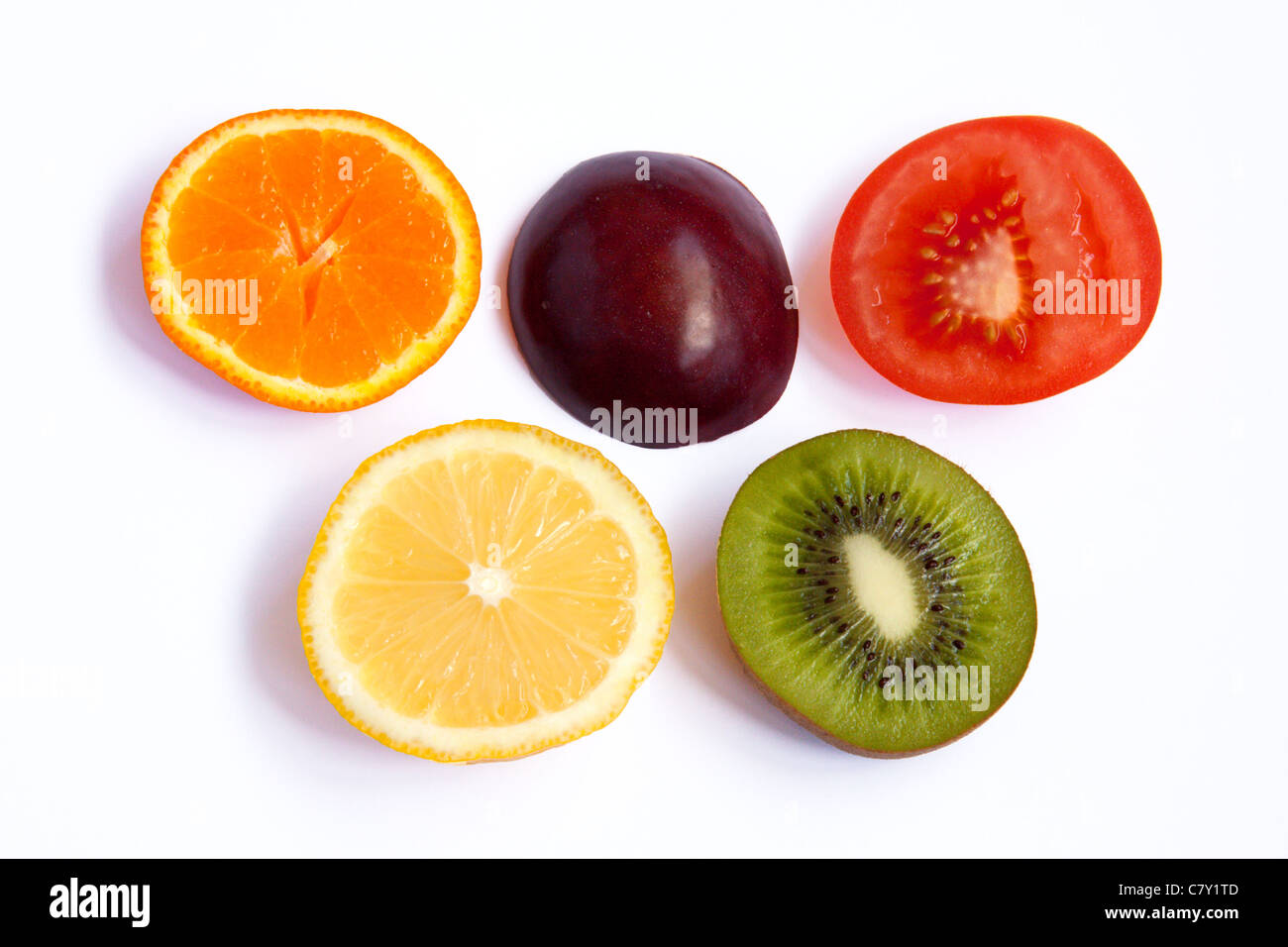 Simbolo olimpico realizzata in 5 pezzi di frutta Foto Stock