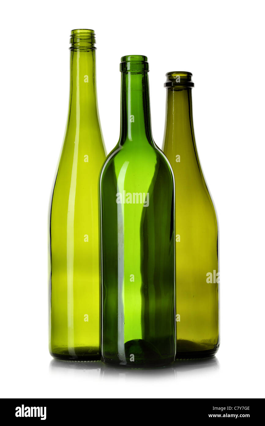 Bottiglie vuote isolate su uno sfondo bianco Foto Stock