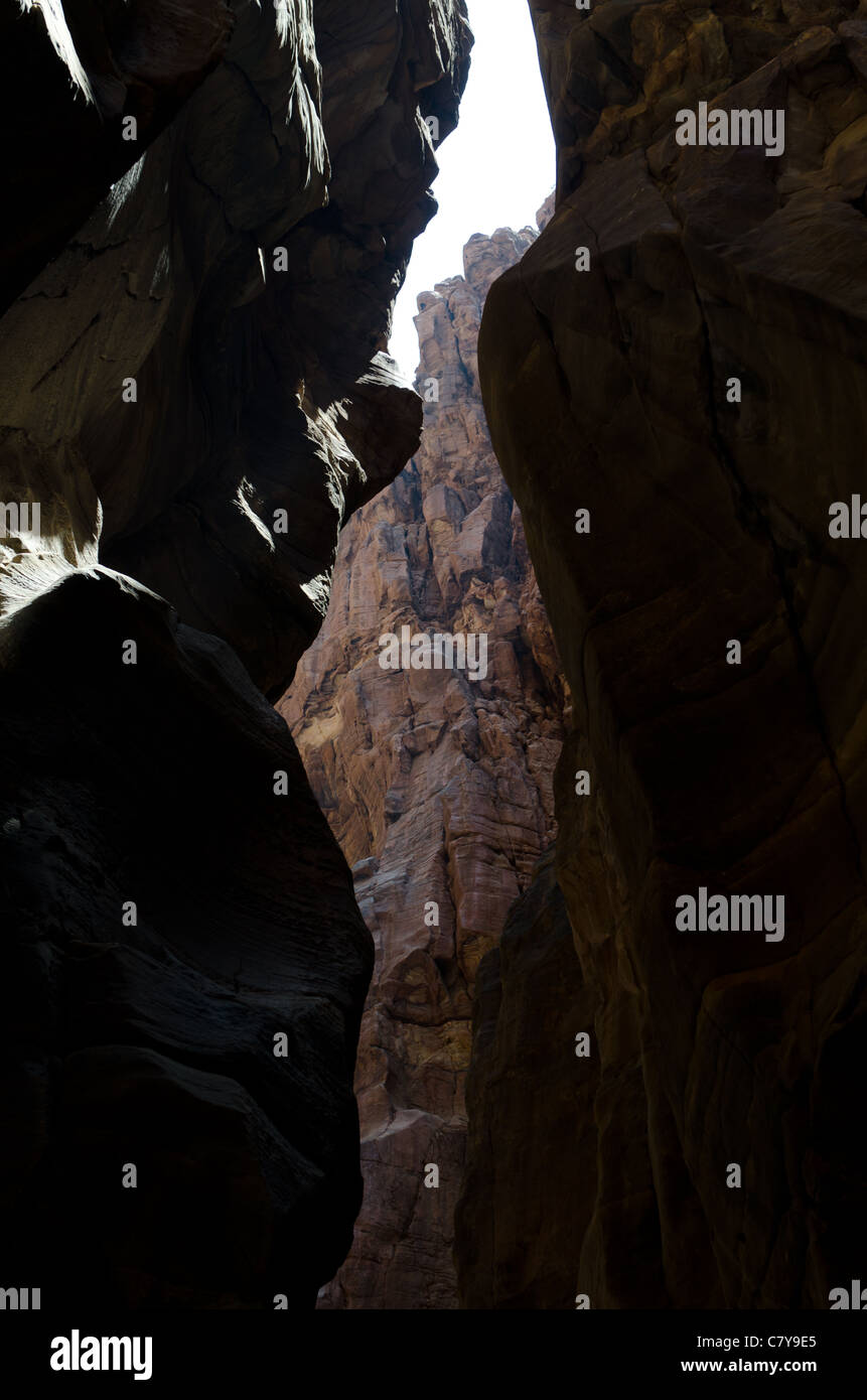 Un colpo attraverso il profondo Wadi Mujib gorge, in Giordania, che può essere attraversata da scrabling attraverso un fiume e fino alle cascate Foto Stock